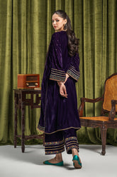 2-PC Embroidered Velvet Long Shirt with Trouser and Pouch VVT23-01